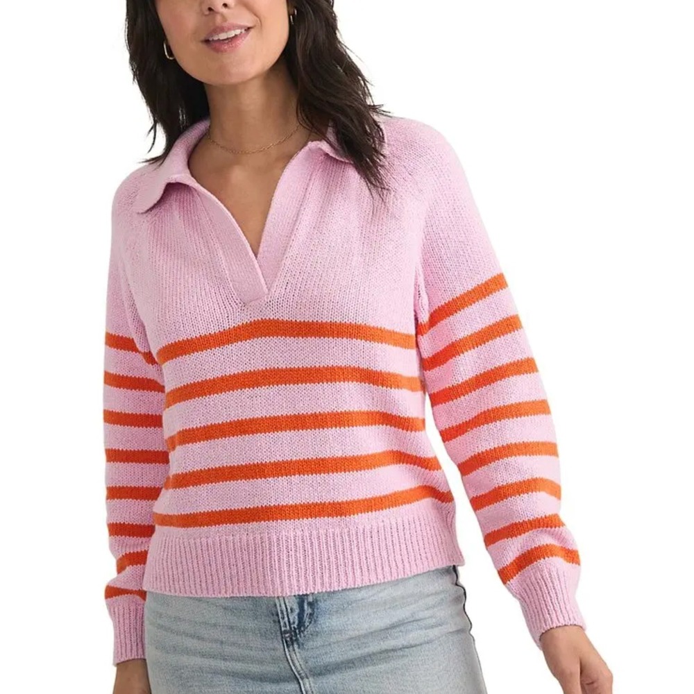 Marine Layer Claire Polo Sweater Pink Orange Merino Wool Blend Stripe Womens M